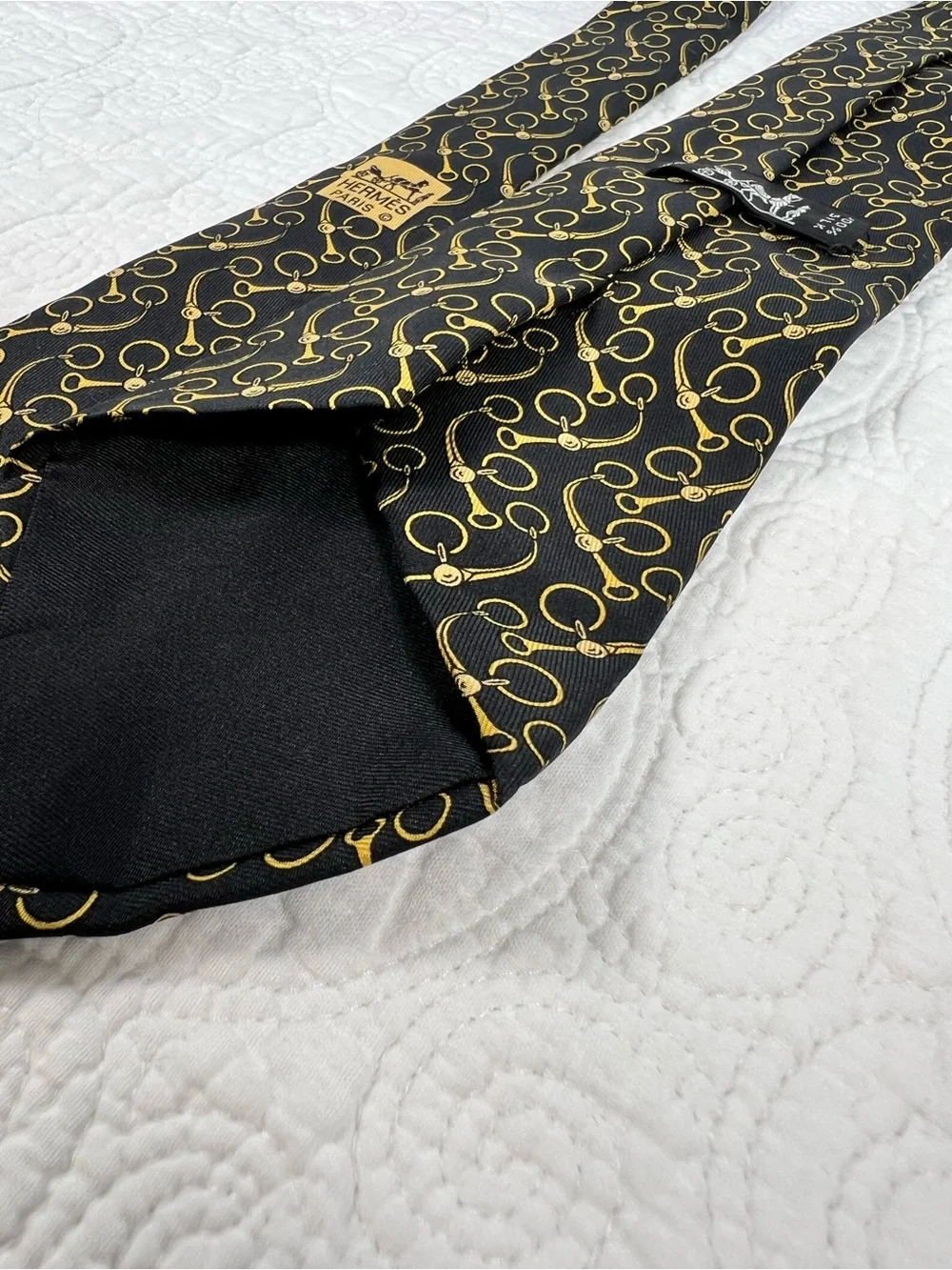 Vintage Hermès Silk Tie 643 TA Black Gold Horsebit Equestrian Scarf Print France